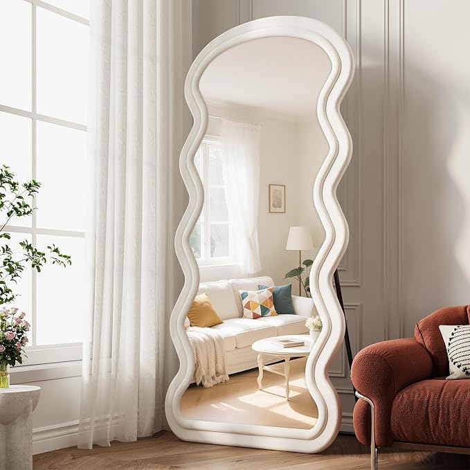 Full Length Mirror, 71"x32" Wavy Full Body Mirror Flannel | Full Body Mirror with Stand, Flannel Floor Mirrror Bedroom and Living Room, Wall Mirror Hanging or Leaning, White