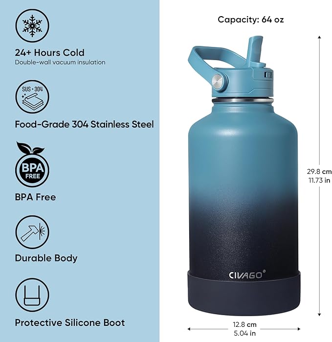 CIVAGO 64 oz Insulated Stainless Steel Water Bottle with Removable Straw | Half Gallon Large Leakproof Water Jug, Big Metal Sports Flask Cup with Bucket Handle, Silicone Boot, Dishwasher Safe, Navy