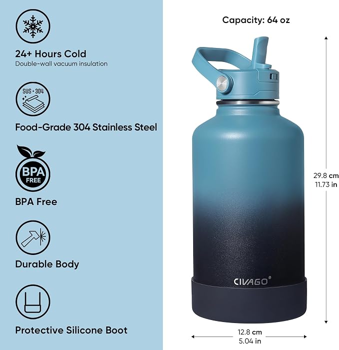CIVAGO 64 oz Insulated Stainless Steel Water Bottle with Removable Straw | Half Gallon Large Leakproof Water Jug, Big Metal Sports Flask Cup with Bucket Handle, Silicone Boot, Dishwasher Safe, Black