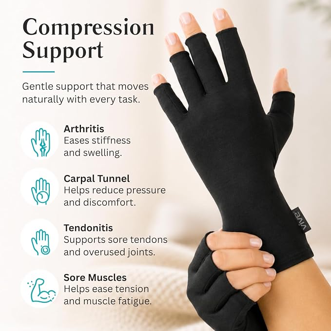 Vive Arthritis Gloves - Men, Women Rheumatoid Compression Hand Glove | Osteoarthritis- Arthritic Joint Pain Relief - Carpal Tunnel Wrist Support - Open Finger, Fingerless Thumb for Computer Typing
