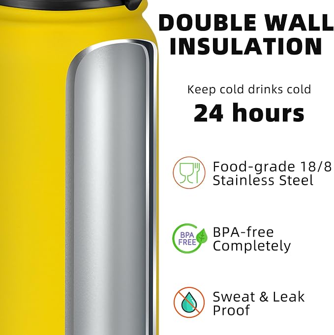 Fanhaw 24 oz Insulated Stainless Steel Water Bottle with Anti-Dust Chug Lid, Leakproof Vacuum Metal Everyday Use Bottle for Kids, Teens & Adults, Back to School Essentials (Yellow)