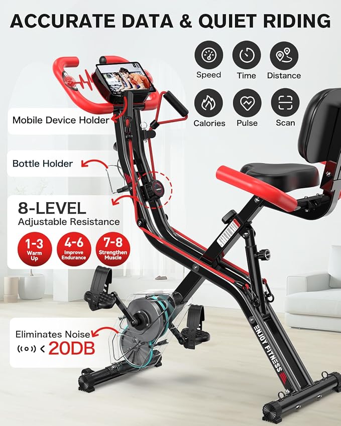 pooboo Folding Exercise Bike, Foldable Upright Stationary Bike, Indoor Cycling Magnetic X-Bike with 8-Level Adjustable Resistance, 6.6 LBS Flywheel, 300LB Capacity, Back Support Cushion for Home Gym