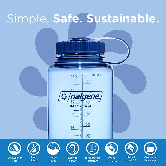 Nalgene 32 oz Wide Mouth Water Bottle | BPA-Free, Durable & Leak Proof, Lightweight Bottle for Hiking & Gym, Work-& Travel, Baby Blue (Pack of 6)