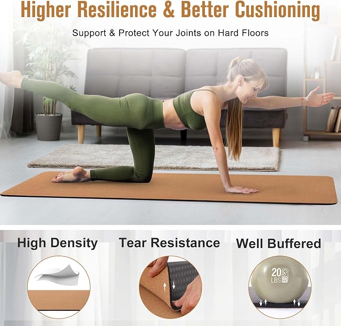 Umineux Cork Yoga Mat 1/4 & 2/5 Inch Thick 72 x 26 in | Thick Cork and TPE Non Slip Yoga Mats for Women Men, Sweat Proof, Sustainable, Great for Hot Yoga & Workouts