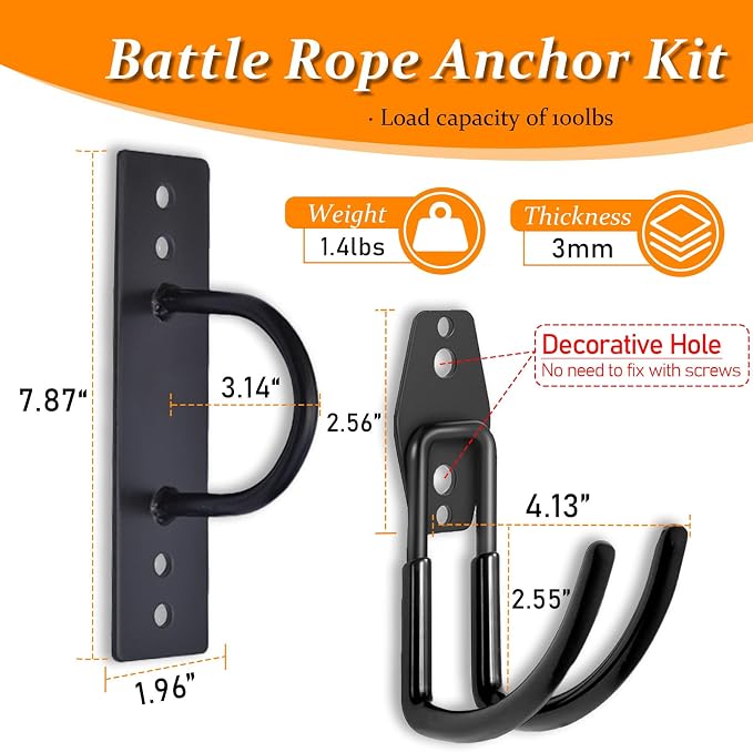 Heavy Duty Battle Rope Anchor Kit Wall Mount | Wall Anchor & Storage Hook for 30-50FT 1-2.5 Inch Battle Ropes, Multi-Functional Wall Bracket for Home Commercial Gym Garage