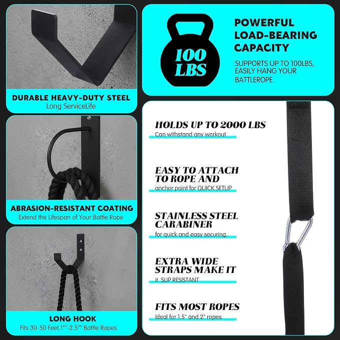 Battle Rope Wall Mount Kit with Anchor Strap Heavy Duty Steel Battle Rope Wall Mount Kit with Anchor & Storage Hook and Reinforced Nylon Strap, Easy and Fast Setup