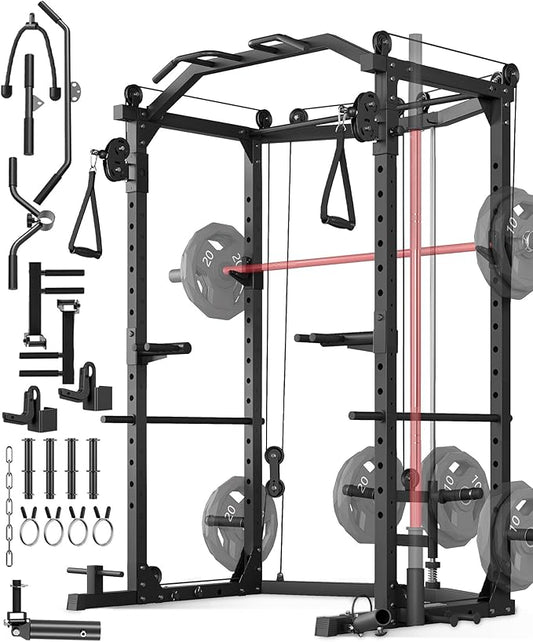 GarveeLife Power Cage, Multi-Functional Power Racks for Home Gym | With Cable Crossover System, 1600 LBS Weight Capacity Fitness Squat Rack for Strength Workout with Training Attachment, Blac