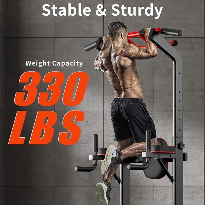 SogesHome Pull Up Bar and Dip Station Adjustable Home Gym Fitness Equipment | Multifunctional Heavy Duty Power Tower 330LB Capacity, Free Standing Strength Training Exercise Machine for Full Body Workout