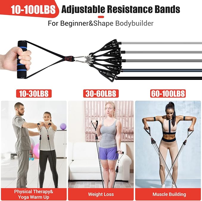Resistance Bands with Handles for Women, 5 Level Exercise Bands | Workout Bands for Physical Therapy, Yoga, Pilates, Door Anchor, Storage Pouch, Training Poster