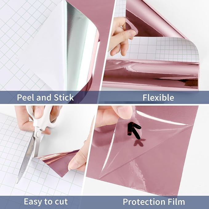 WESTICK Rose Gold Permanent Vinyl Glossy Mirror Contact Paper Peel and Stick Mirror Wallpaper Self Adhesive Reflective Metallic Vinyl Roll for Fridge Wrap DIY Home Decor Craft Shelf Liner 15.8” x 80”