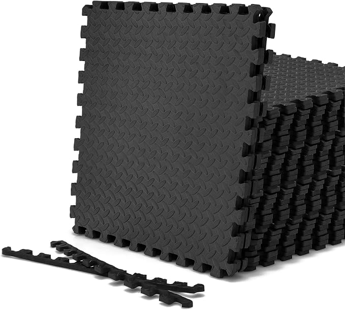 Tangkula 36 Tiles Exercise Flooring With Border, Non-Slip EVA Foam Protective Mats, Elastic Puzzle Play, 1/2" Interlocking Floor for Home Gym, Fitness Room, Workshop Equipment (Black)