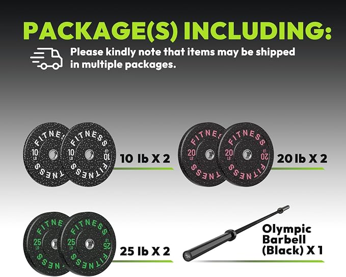 HANDBODE Olympic Barbell Set, 2-Inch Bumper Plates with Weight Plate Rack | Colored Crumb Rubber Weight Plates for Weight Lifting & Strength Training, 90–530 lb Set with 45 LB (20 kg) Olympic Barbell