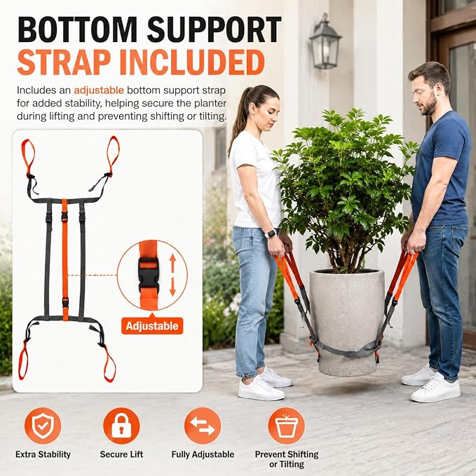 Plant Pot Moving Straps, Adjustable Garden Planter Lifting Strap for Heavy Flower Pots, Trees, Rocks and Landscaping Objects, 9-18 Inch Diameter, Two Person Carrying Harness, Gray Orange