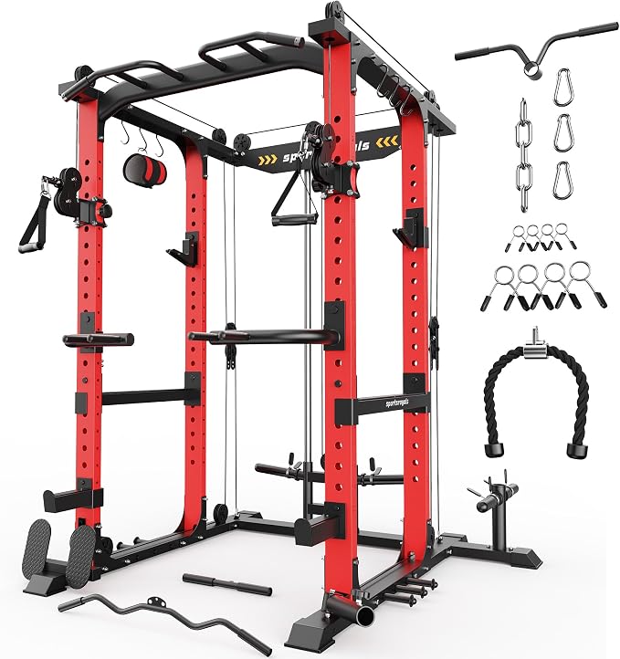 SPORTSROYALS Power Rack, Multi-Functional Power Cage, Squat Rack with Pulley System & LAT Pull Down, Workout Cage with J Hooks for Home Gym