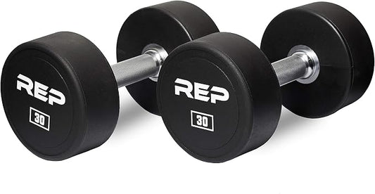 REP Fitness Urethane Coated Round Dumbbells, 5 to 100 lbs, Singles or Pairs, With or Without Rack, Steel Core, Rubber Encased, Chrome Handles, Professional Weights for Home Gym Strength Training