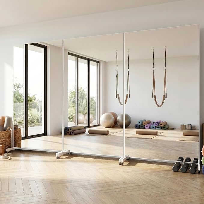 Suidia 72"x40" Extra Large Full Length Mirror on Wheels, 360° Swivel Rolling Mirror Floor, HD Tempered Glass Full Body Standing Mirrors for Home Gym, Yoga, Dance Studio, Bedroom, Rectangular, White