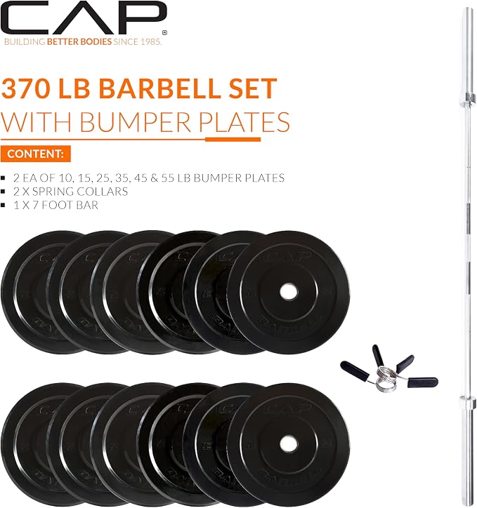 CAP Barbell Olympic Weight Set with 7ft Barbell & Bumper Plates | 160-370 lbs | Multiple Options