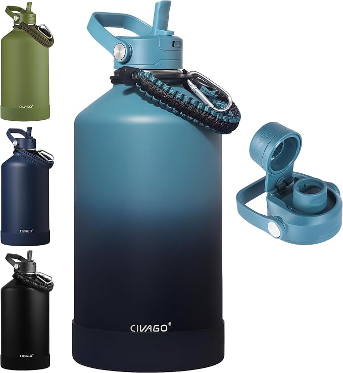CIVAGO Gallon Insulated Stainless Steel Water Bottle with Removable Straw | 128 oz Large Leakproof Water Jug, Big Metal Sports Flask Cup with Bucket Handle, Silicone Boot,Dishwasher Safe, Indigo Black