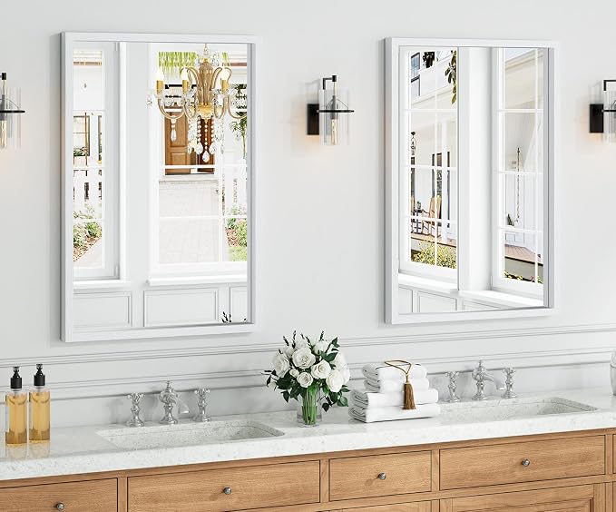 Syndra White Wood Frame Bathroom Mirror, 24''x36'' Modern Vanity Mirror for Wall, Waterproof Slim Deep Frame, Rectangular HD Tempered Glass Mirror for Living Room, Bedroom, Entryway, Rustic, Farmhouse