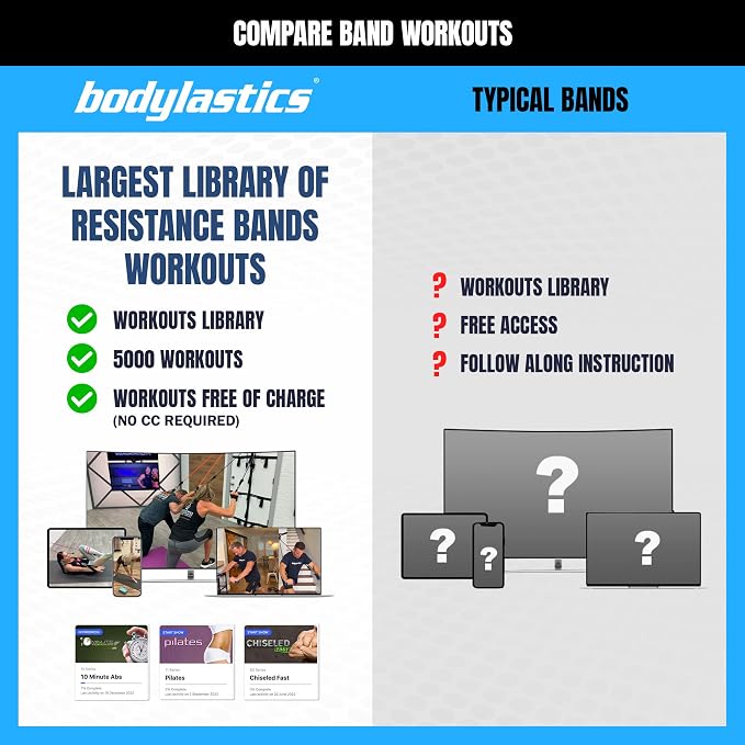 Bodylastics Patented Basic Series Resistance Band Set - Resistance Bands with Snap Reduction Tech, 2 Handles, 2 Ankle Straps, 1 Door Anchor & 1 Carry Bag