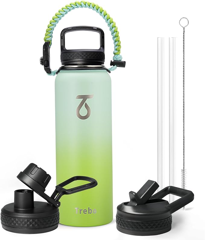 Trebo Water Bottle Insulated 40 oz with 3 Lids, Paracord Handle & Sleeve | Stainless Steel Flask Vacuum, Triple Wall Copper Plated, Dishwasher Safe, Keeps Cold 48Hrs for Hiking, Gym, Wide Mouth