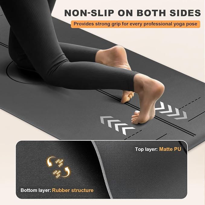 Yoga Mat - Non Slip Natural Rubber Yoga Mat, Alignment Lines, Ultimate Grip | Anti-Tear, Durable & Thick 5mm, Skin-Friendly with Free Carry Strap, Bag, for Yoga, Pilates Fitness and Floor Exercises
