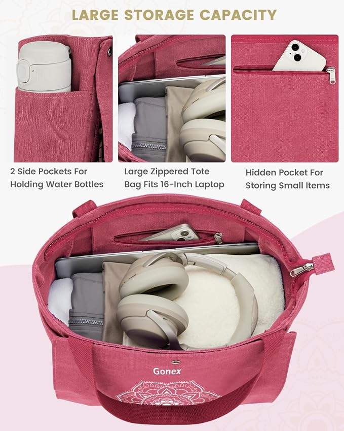 Gonex Yoga Mat Bag For Women Canvas Tote Pilates Gym Bag With Mat Carrier | Front-Opening Quick Access Mat Straps, Durable Cotton Canvas, Machine Washable, Bottle Holder Multi Pockets, Yoga Gym Travel