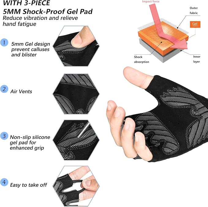 Cycling Gloves Bike Bicycle Gloves, Half Finger 5MM Gel Anti-Slip | Biking Gloves for Men Women Gym workout exercise Motorcycle Hiking Rowing Outdoor Sports