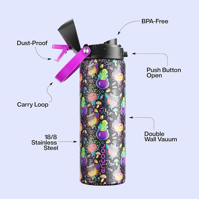 Insulated Water Bottle with Straw - Encool Stainless Steel Water Bottle with Push Button Lid, Leak-Proof & BPA-Free, Keeps Cold for 24 Hours for Sports, Travel, Gym (32 oz, Meowgic Night)