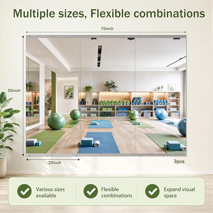 Home Gym Mirror, 55"x25"-3 PCS Gym Mirrors for Wall, Frameless, Tempered Glass, Large Workout Wall-Mounted Mirrors for Home Gym, Dance Studio, Yoga Room, Garage Gym, Silver