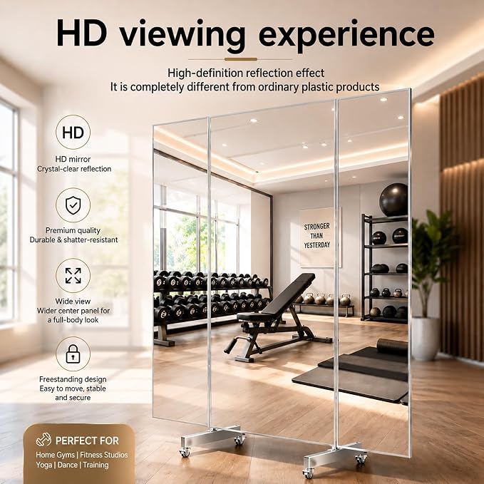 Full Length Stand Up Mirror on Wheels 71''L×71''W Large Tri-Fold Floor Mirror with Stand,Movable 3-Way Full Length Standing Mirror for Gym,Dance Studio,Fitness Room,Home (70.9" x 70.9")