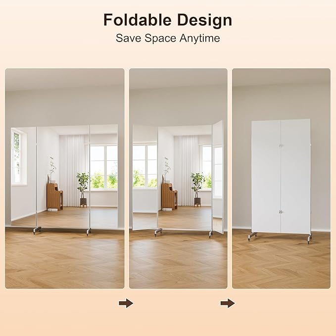 brisafe 67"x63" Folding Mirror with Wheels, 3-Panel Full Length Standing Mirror, Space-Saving, Shatterproof Nano Material, Portable Floor Mirror for Gym, Dance Studio, Home, Commercial Use, Silver