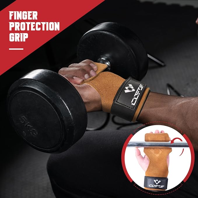 Weight Lifting Wrist Strap, Double-Layer Leather for Deadlift Powerlifting | Gym Strap with Adjustable Neoprene Padded Fit for 6.3–8 Inch Wrist, 8.07-Inch Leather Strap, Gym Workout Lifting Hook (Pair)