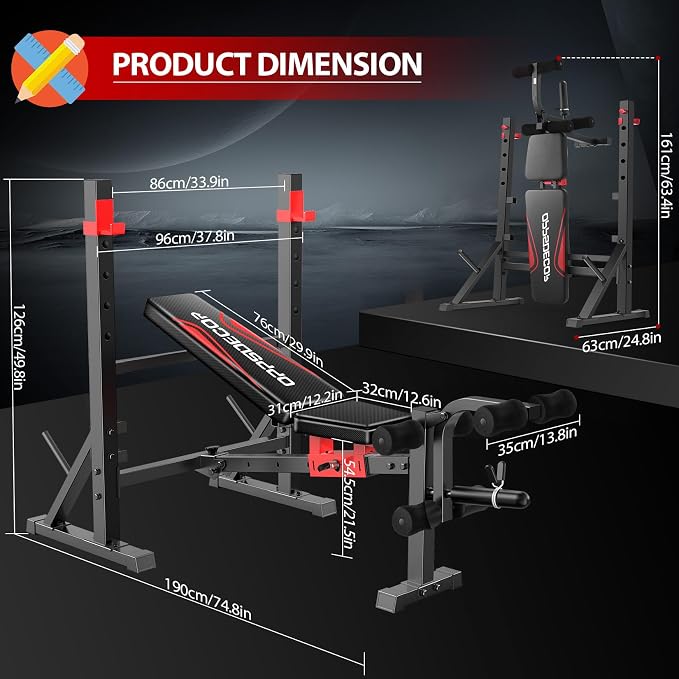 OPPSDECOR Standard Weight Bench Set with Squat Rack, 900LBS Adjustable Bench Press Set with Leg Extension and Leg Curl, Foldable Flat Incline Decline Workout Bench for Home Gym Full Body Training