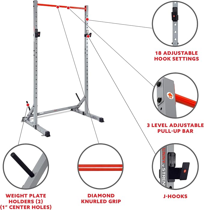 Sunny Health & Fitness Multifunctional Strength Training Home Gym – Complete Workout Equipment with Training Attachments, Optional Squat Stand, Power Rack Cage, Adjustable Incline Bench