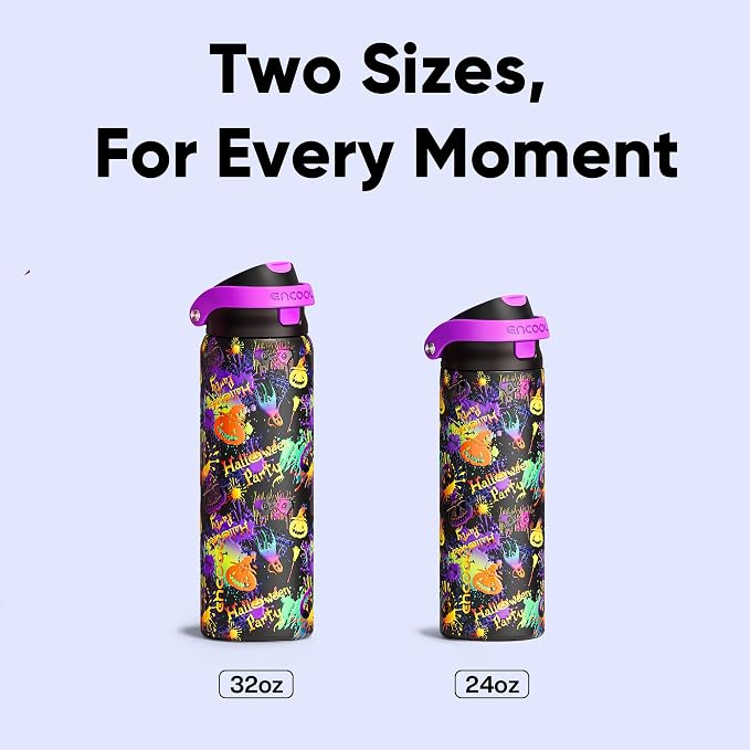 Encool SwiftSip Insulated Stainless Steel Water Bottle with Straw - Leak Proof Sports Water Bottle for School, Travel, Keeps Cold All Day, One-Touch Flip Lid, BPA-Free, 24 oz, Ghost Party