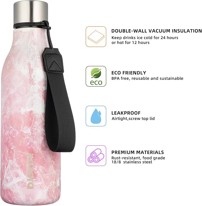 BJPKPK 18oz Insulated Water Bottle, Stainless Steel Bottle with Carry Strap | Keep Cold & Hot Vacuum Insulation, Leak-Proof BPA-Free Design, Slim Bottle Fits Most Cup Holders for Gym, Office & Travel