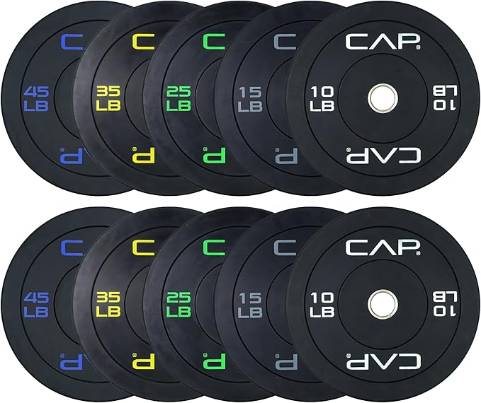 CAP 2-inch Olympic Bumper Plate Weight Set | 100-370 lbs | Multiple Colors | Storage Rack Optional