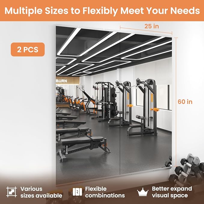 LOAAO Home Gym Mirror 60"x25", 2 PCS | Frameless, Tempered Glass, Large Workout Mirrors, For Home Gym, Dance Studio, Yoga Room, Garage Gym
