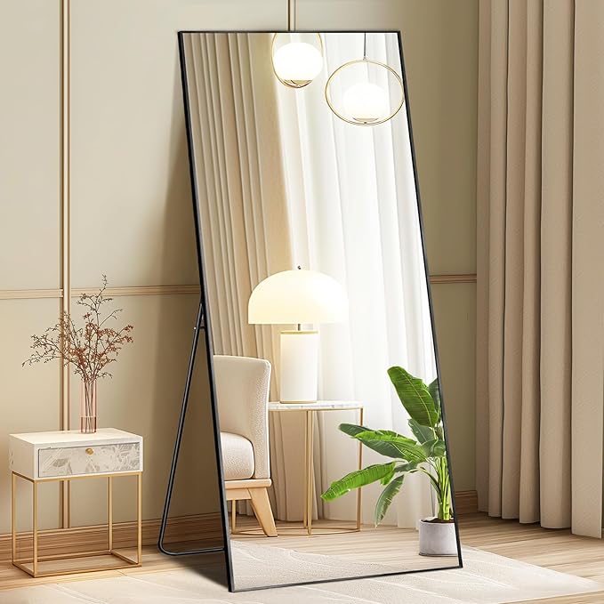 DUMOS 64"x21" Full Length Mirror with Stand, Floor Standing Aluminum Frame, ShatterProof Nano Glass for Bedroom, Living Room, Cloakroom Modern Simple Home Decor, Can Be Hanging, Leaning or Wall, Black