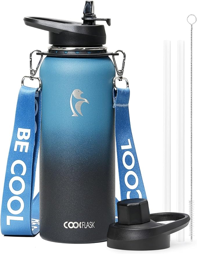 Coolflask 40 oz Water Bottle Insulated Stainless Steel with Strap | Metal Water Flask with Straw & Spout Lids, Triple-Wall, Cold 48+h, Dishwasher Safe, Leakproof, BPA-Free, for Gym & Hiking