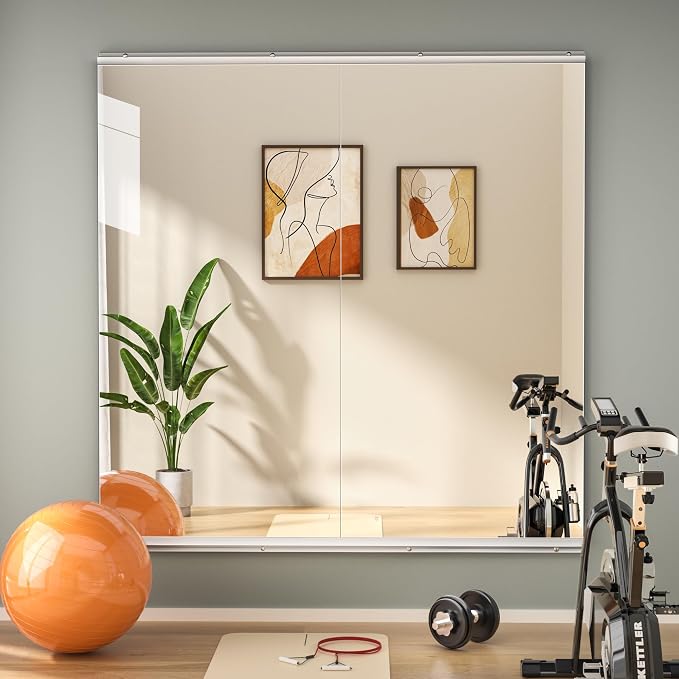 Hasipu Home Gym Mirror 48" L x 24" W - 2PCS Large Full Body Mirror for Yoga, Fitness, Garage, Dance Studio, Wall-Mounted, 0.16in Tempered Glass Frameless