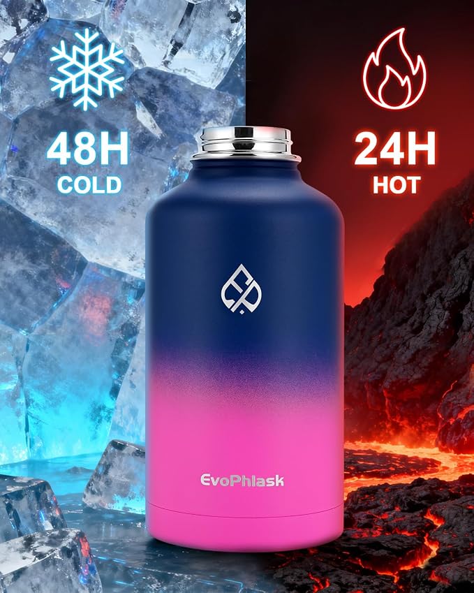 Insulated Water Bottle 64 oz with Carrier Bag, Blue/Pink | Stainless Steel, Vacuum Insulated Keep Cold 48 Hrs, Half Gallon Large Water Jug, For Travel, Sport, Gym, Hiking