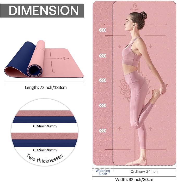 Gruper Yoga Mat Non Slip TPE Extra Wide Yoga Mat with Alignment Mark, 72"L x 32"W x 0.32"/0.24"Th (183cm x 80cm x 8mm/6mm), Anti-Tear Exercise Mat with Carrying Strap and Bag, Workout Mats for Yoga, Pilates