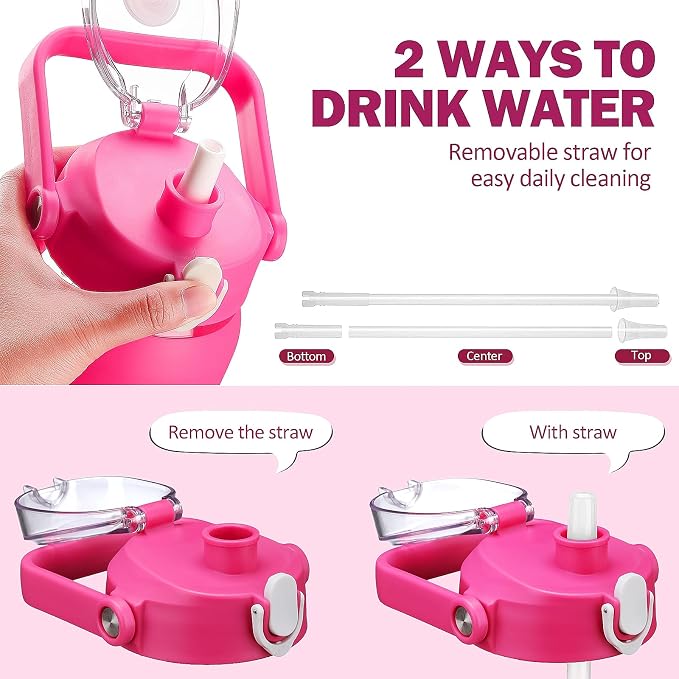 56oz Glass Water Bottles with Straw, Motivational Glass Bottle with Silicone Sleeve and Time Marker, Leakproof Large Glass Water Jug for Gym Home Office,Rose red