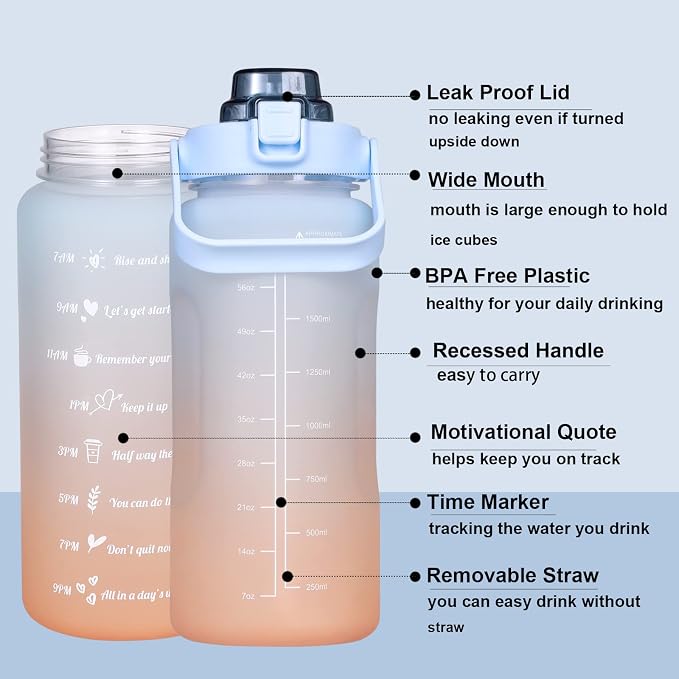 Large Motivational Water Bottle with Straw Time Marker BPA Free for Sport and Fitness (Blue Orange, 64 Oz / Half Gallon)