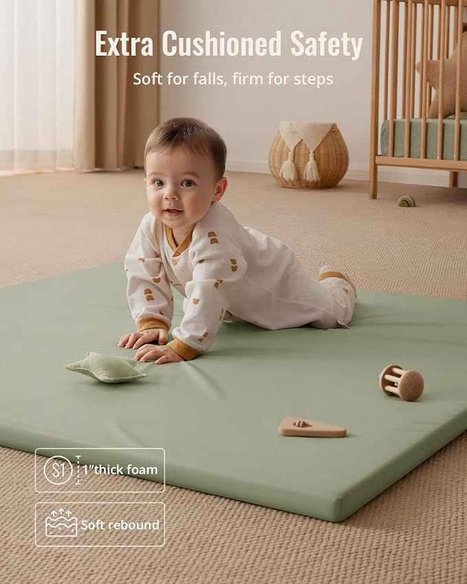 Blissful Diary Vegan Leather Baby Play Mat, 47''x47'', Light Green | thick cushion, safe and soft fabric, waterproof and wip clean, indoor use, non-slip bottom, stylish mordern decor