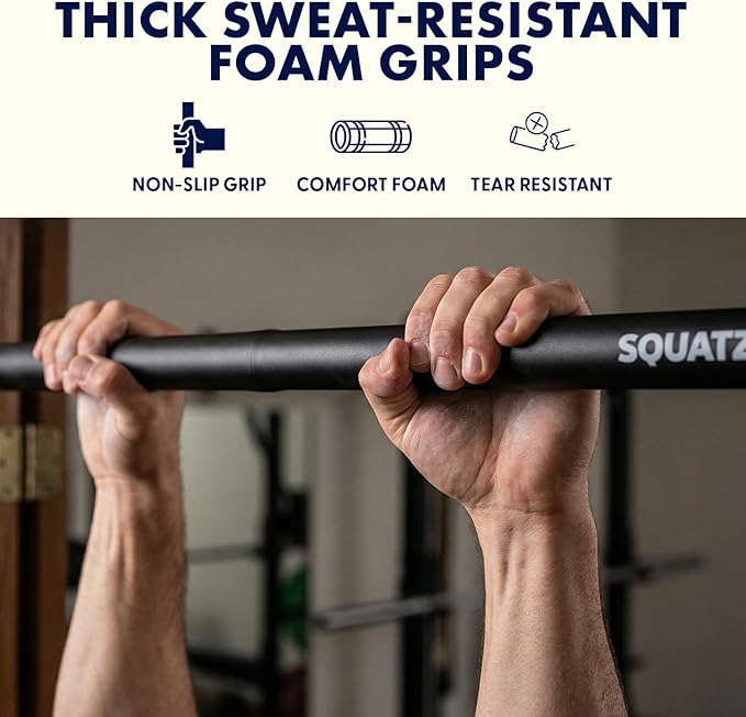 Squatz Doorway Pull Up Bar, Adjustable Door Frame Pull Up Bar with Level Meter, Locking Mechanism & Foam Grips, No Drill Chin Up Bar for Door Frame, Portable Design for Home Workouts