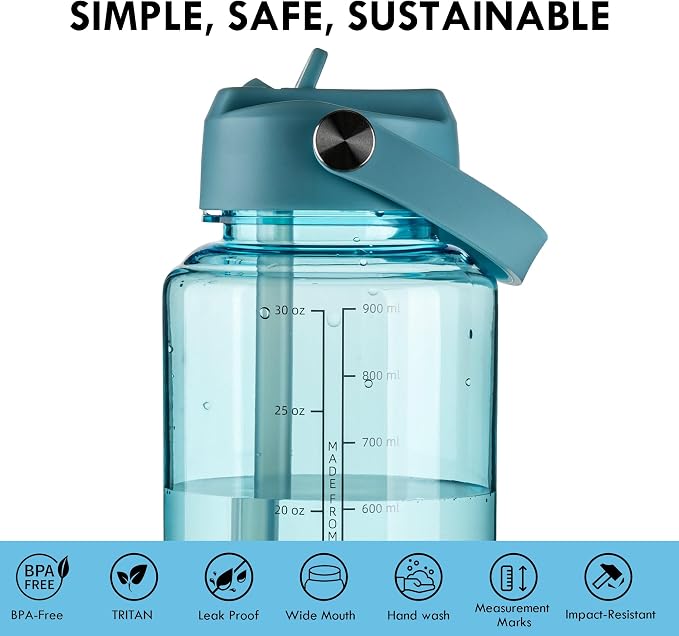 OLDLEY 32oz Water Bottle with Straw,Leakproof Tritan Clear Bottle with Marked Bottle and Carry Handle, BPA-Free Wide Mouth Reusable Sports Water Bottle for Gym,Hiking, Camping,Travel,Workout,Surfer