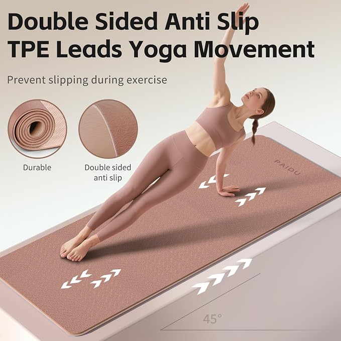 PAIDU Yoga Mat 8mm TPE Non‑Slip Fitness Mat with Strap for Home Workouts | SGS Certified, Odorless, Tear‑Resistant, Unisex, for Yoga, Pilates, Meditation, Home & Gym Workouts